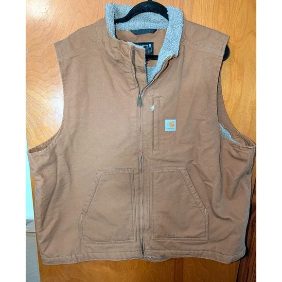 Carhartt Men's Brown Sherpa Lined Heavy Duty Work Vest 2XL Pockets Warm Outdoor - Picture 1 of 6